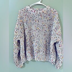 Easel Confetti Pom Pom Crew Neck Knit Cream Sweater Multicolor Size Small S